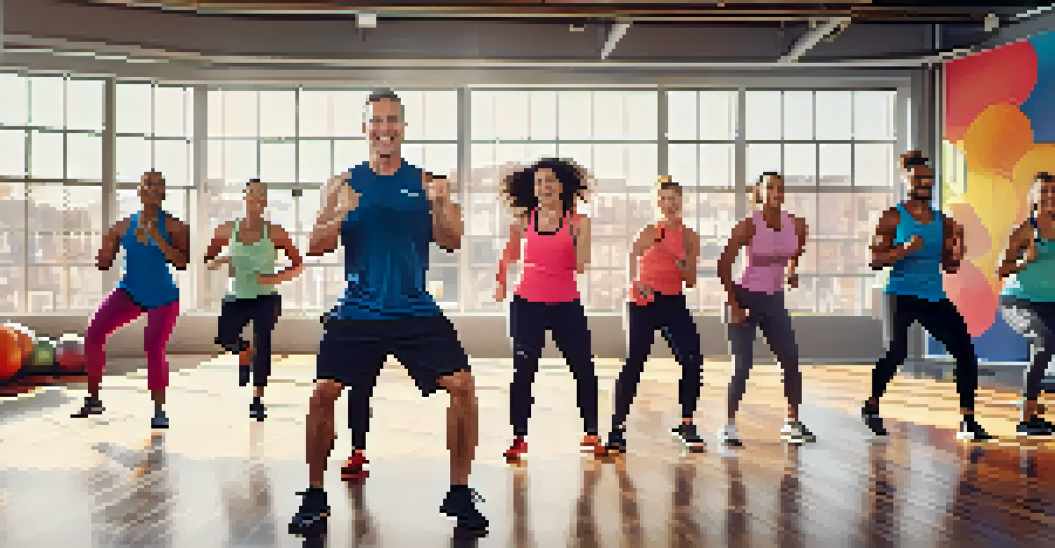 A diverse group of people participating in a high-energy fitness class in a bright studio.