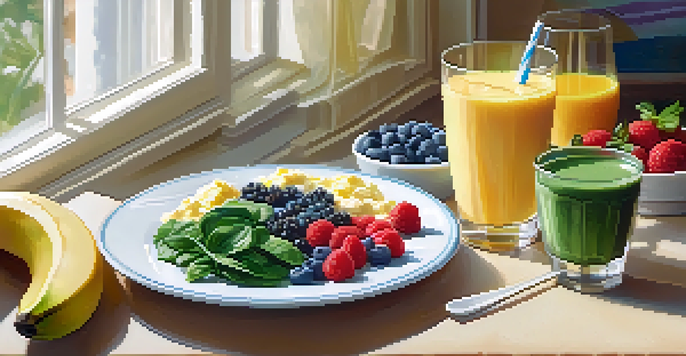 A healthy breakfast with scrambled eggs and spinach, and a smoothie made of Greek yogurt and berries, in a bright kitchen.