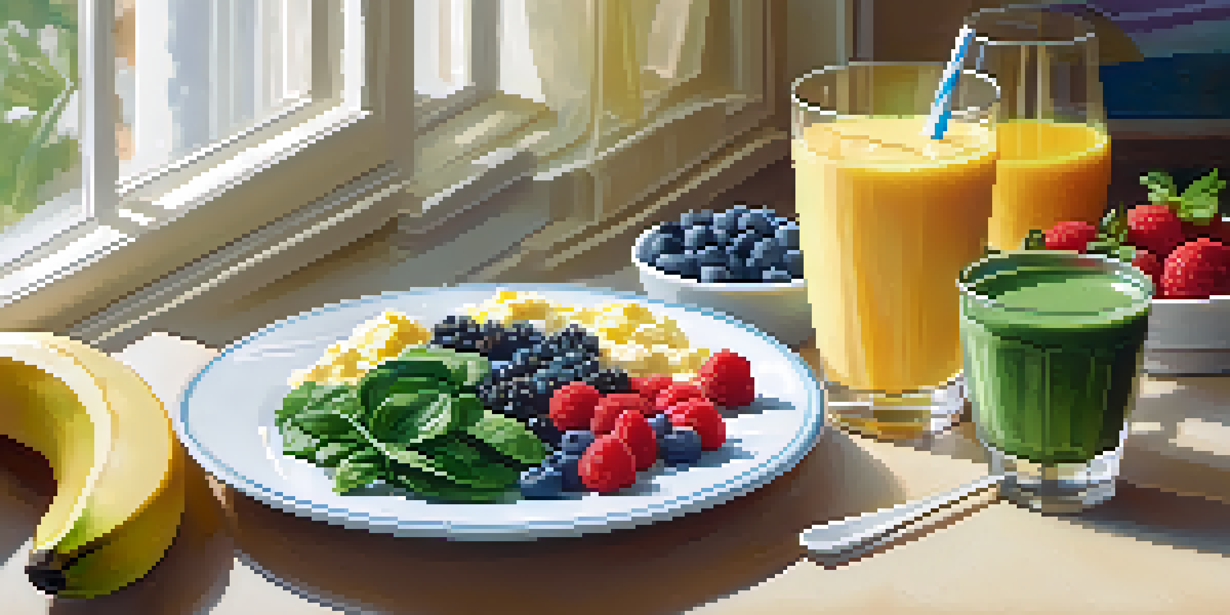 A healthy breakfast with scrambled eggs and spinach, and a smoothie made of Greek yogurt and berries, in a bright kitchen.