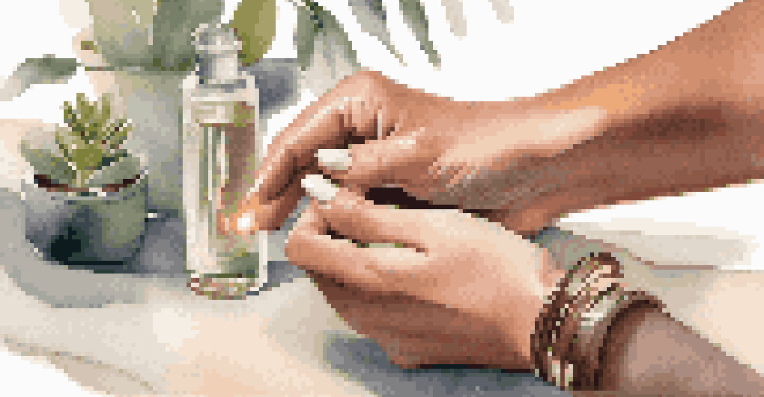 A close-up of hands applying essential oil to the wrist, surrounded by calming elements, showcasing a moment of self-care.