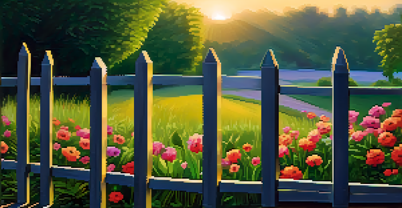 An artistic depiction of a wooden garden fence surrounded by colorful flowers and greenery, illuminated by soft golden light.