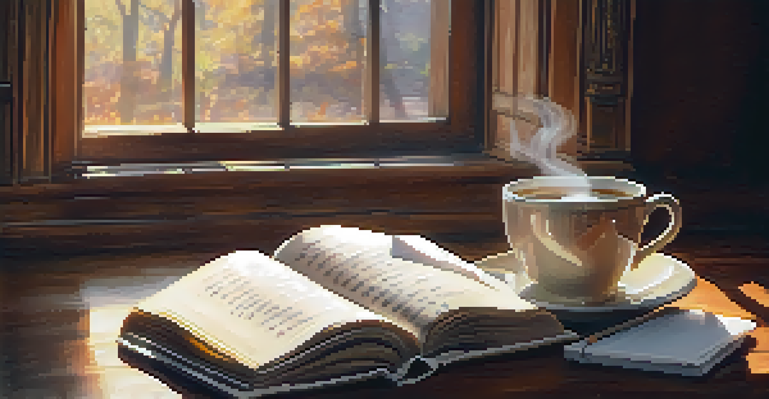 Close-up of hands holding a steaming cup of tea next to an open journal with handwritten notes, on a wooden table bathed in soft sunlight.