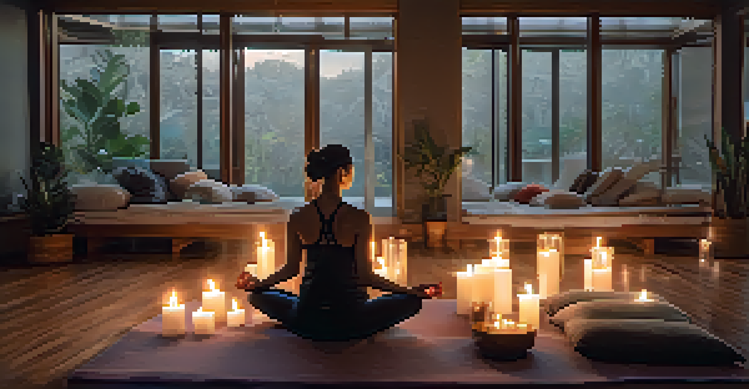 A person practicing breathwork techniques in a cozy yoga space with cushions and candles.