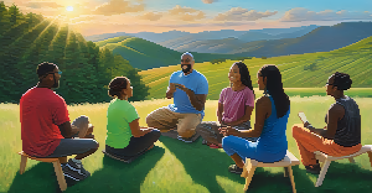 A diverse group of people in an outdoor wellness coaching session, sharing ideas against a backdrop of hills and a sunset.