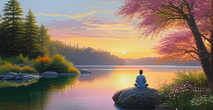 A peaceful sunrise over a lake with a person meditating on a rock surrounded by greenery.