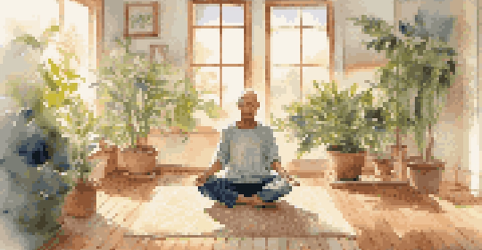 A man meditating in a bright room filled with plants, creating a tranquil atmosphere.