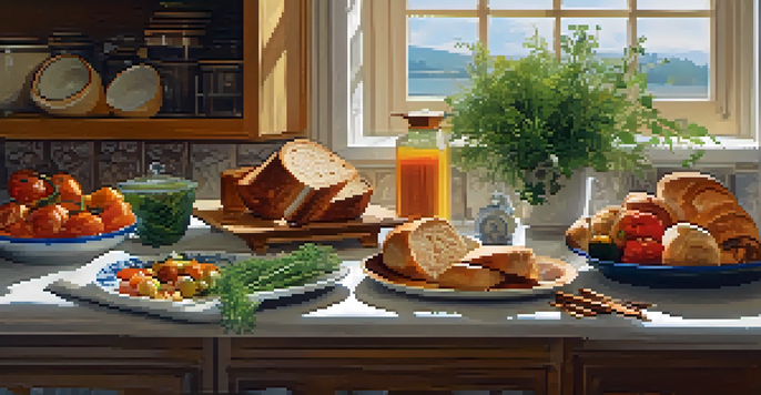 A kitchen countertop displaying various baked dishes including bread and roasted vegetables, with natural light illuminating the scene.