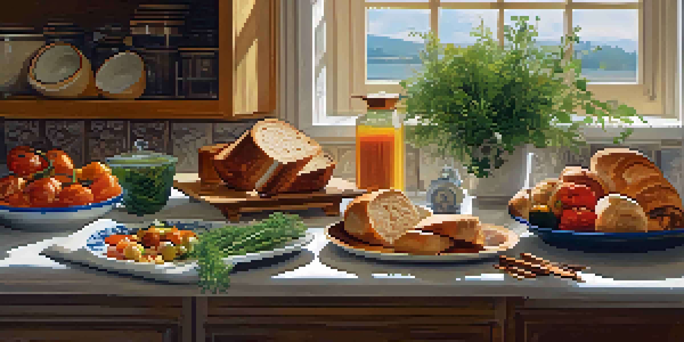 A kitchen countertop displaying various baked dishes including bread and roasted vegetables, with natural light illuminating the scene.