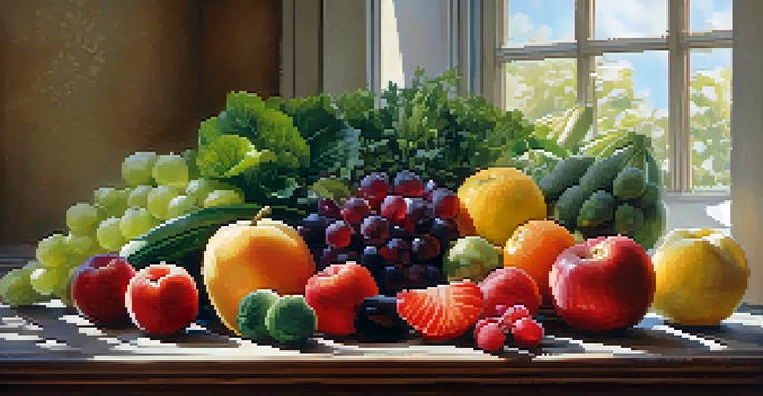 A colorful plate filled with fresh fruits and vegetables arranged beautifully, with soft natural light highlighting the scene.