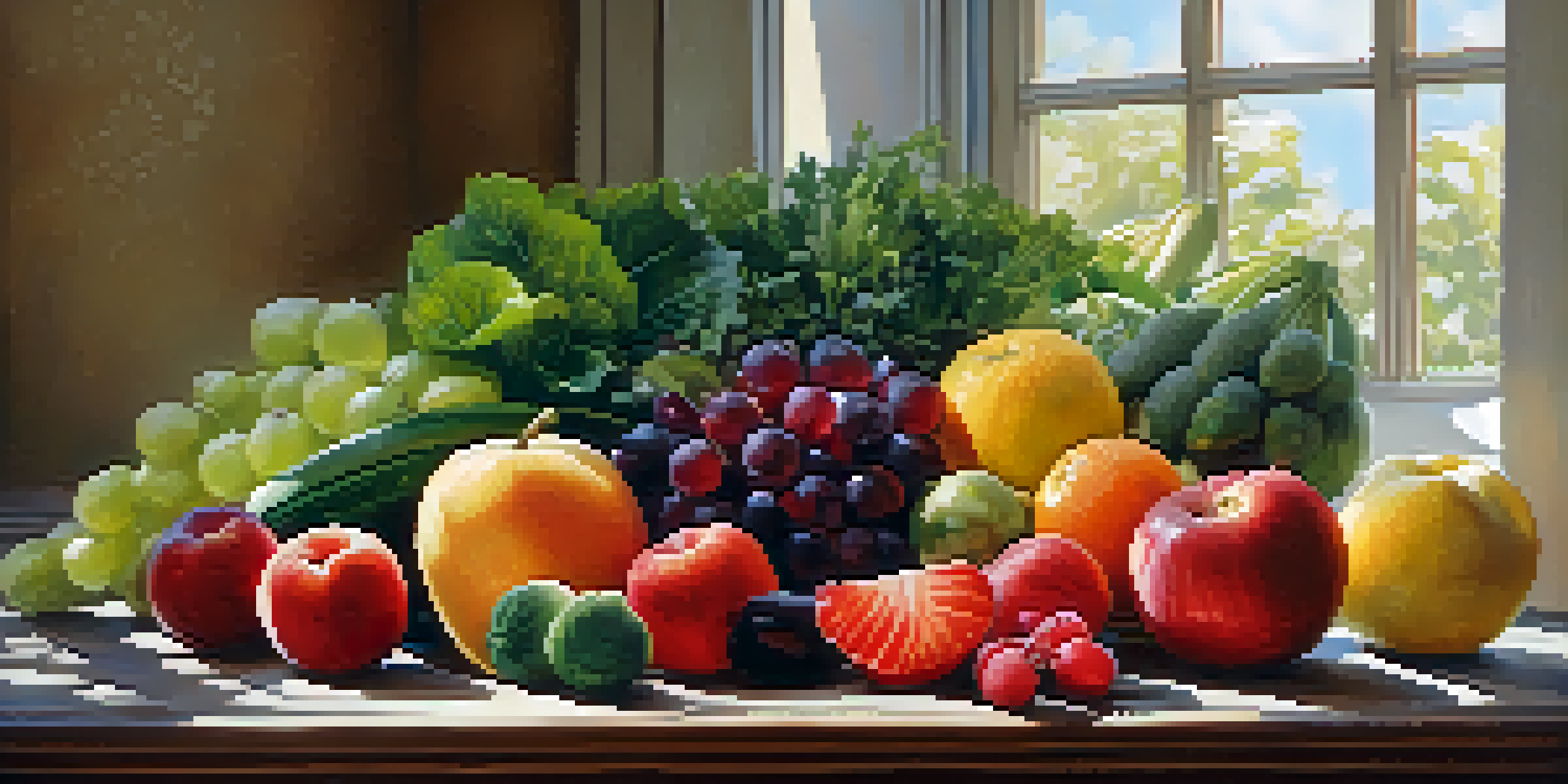 A colorful plate filled with fresh fruits and vegetables arranged beautifully, with soft natural light highlighting the scene.
