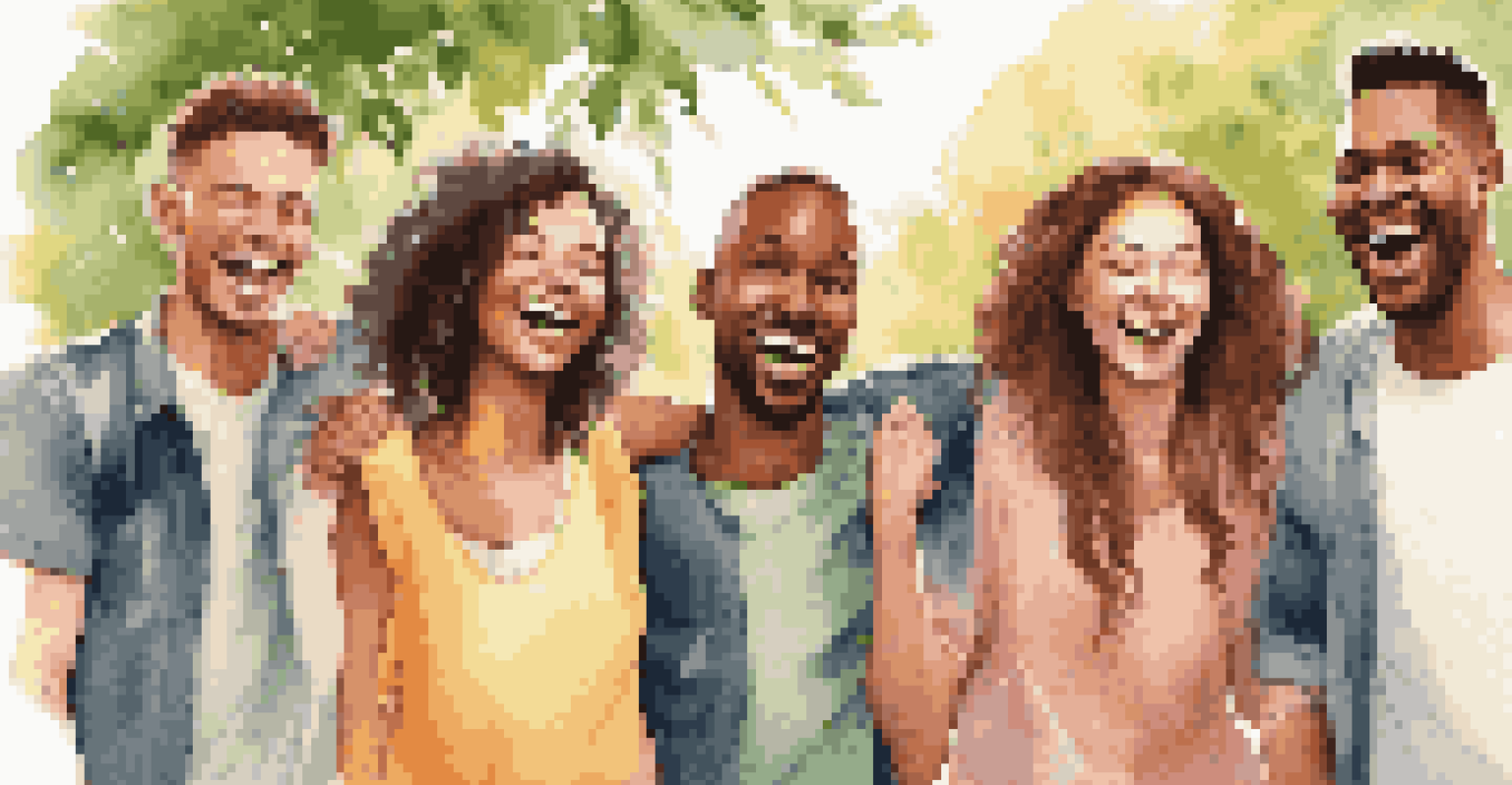 A diverse group of friends laughing together in a park, showing off their bright smiles.