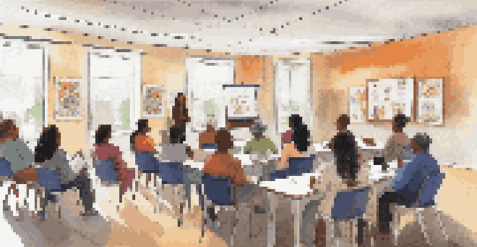 A diverse group of people attending a community health workshop, with an instructor presenting information in a bright room filled with health posters.