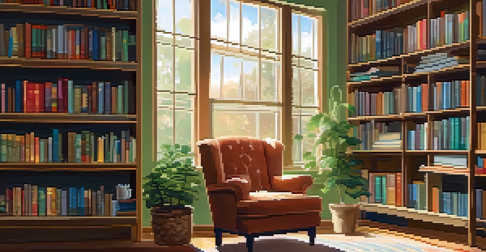 A warm and inviting reading nook with an armchair, bookshelves, a cup of tea, and a potted plant, illuminated by natural light.