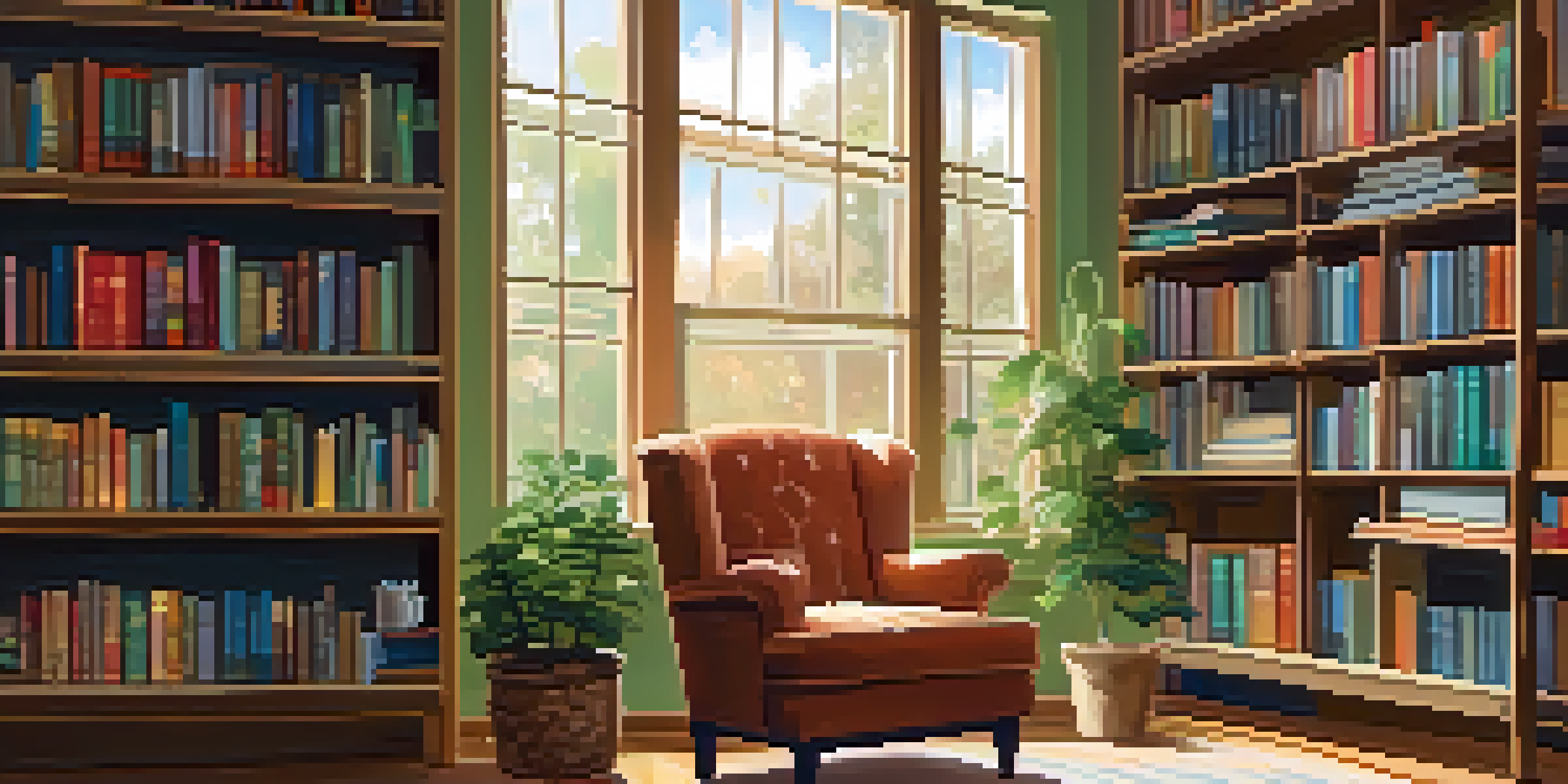 A warm and inviting reading nook with an armchair, bookshelves, a cup of tea, and a potted plant, illuminated by natural light.
