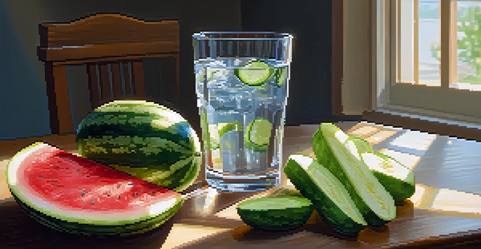 A glass of water surrounded by fresh fruits on a wooden table, illuminated by sunlight.