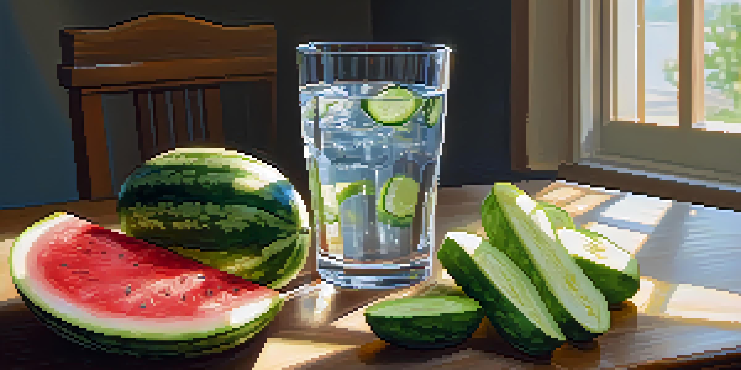 A glass of water surrounded by fresh fruits on a wooden table, illuminated by sunlight.