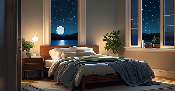 A cozy bedroom at night with a neatly made bed, soft lighting, and a starry sky visible through the window.