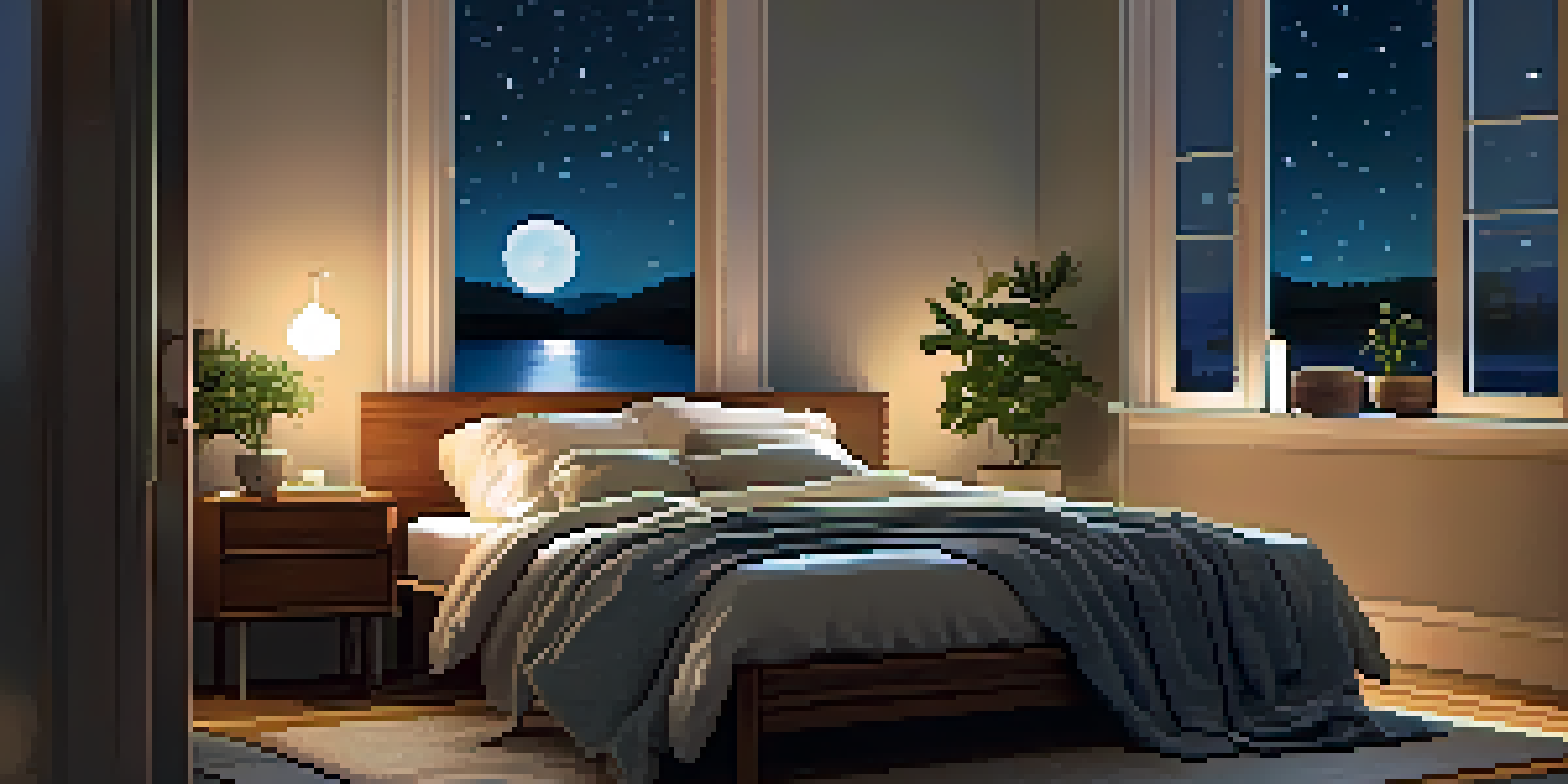 A cozy bedroom at night with a neatly made bed, soft lighting, and a starry sky visible through the window.