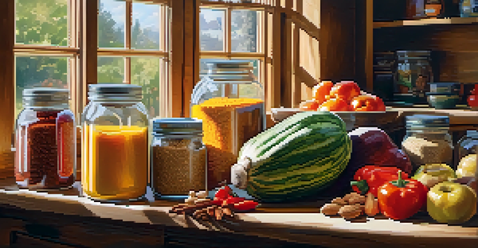 A rustic kitchen with fresh fruits, vegetables, nuts, and grains on a wooden countertop, illuminated by sunlight.