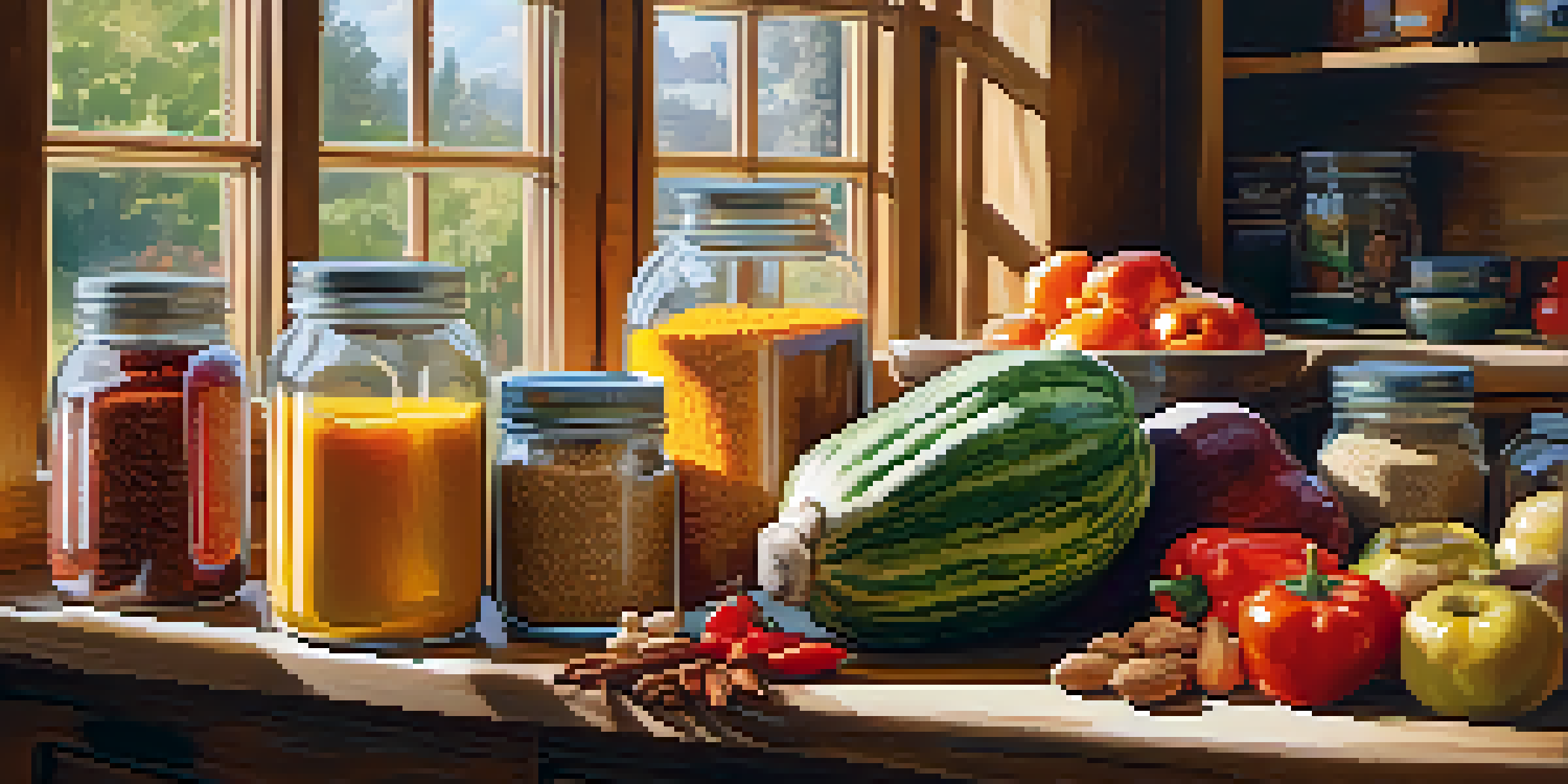 A rustic kitchen with fresh fruits, vegetables, nuts, and grains on a wooden countertop, illuminated by sunlight.