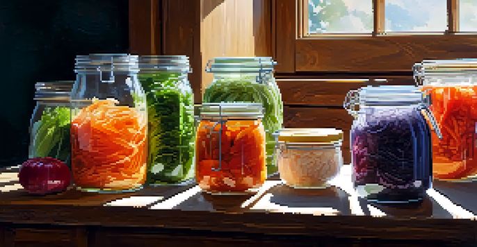 A kitchen with jars of colorful fermented foods like kimchi and sauerkraut on a wooden table, bathed in warm sunlight.