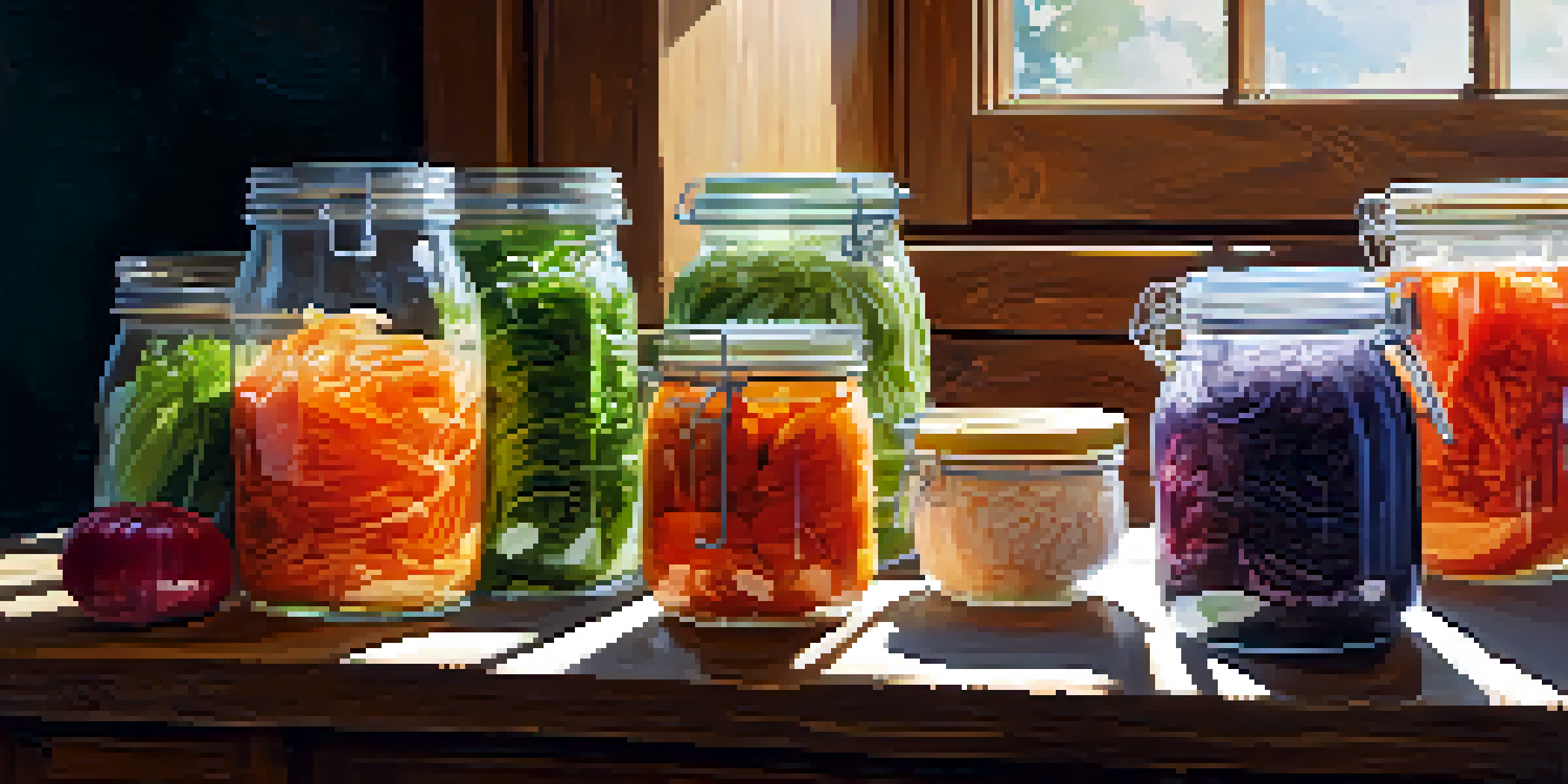A kitchen with jars of colorful fermented foods like kimchi and sauerkraut on a wooden table, bathed in warm sunlight.