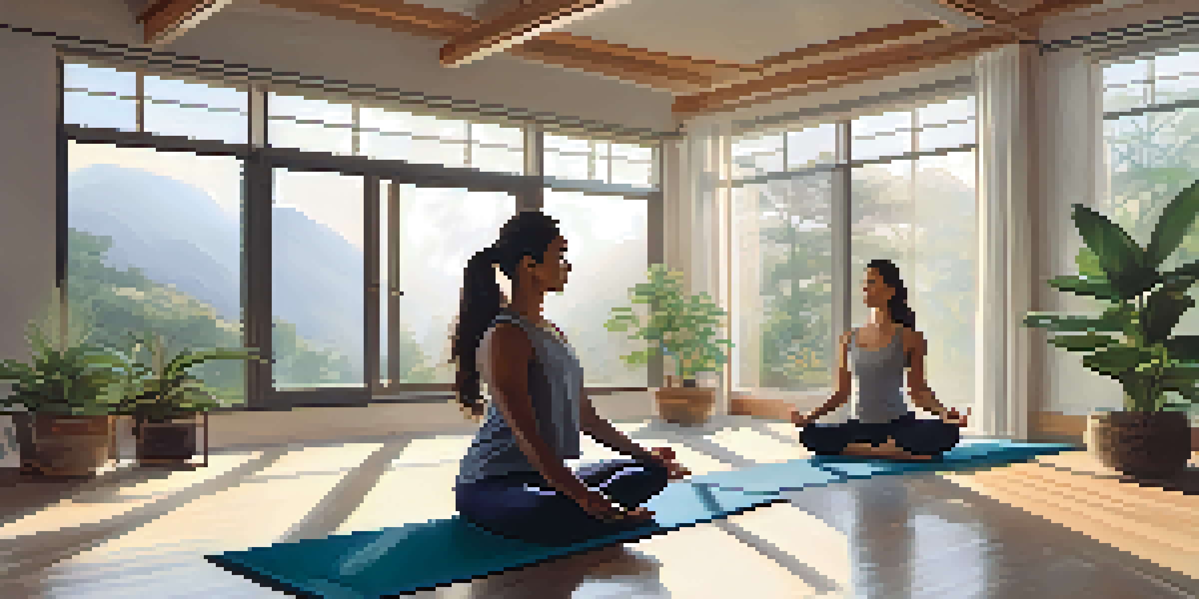 A diverse couple practicing yoga in a bright room filled with plants, representing mental health and wellness.