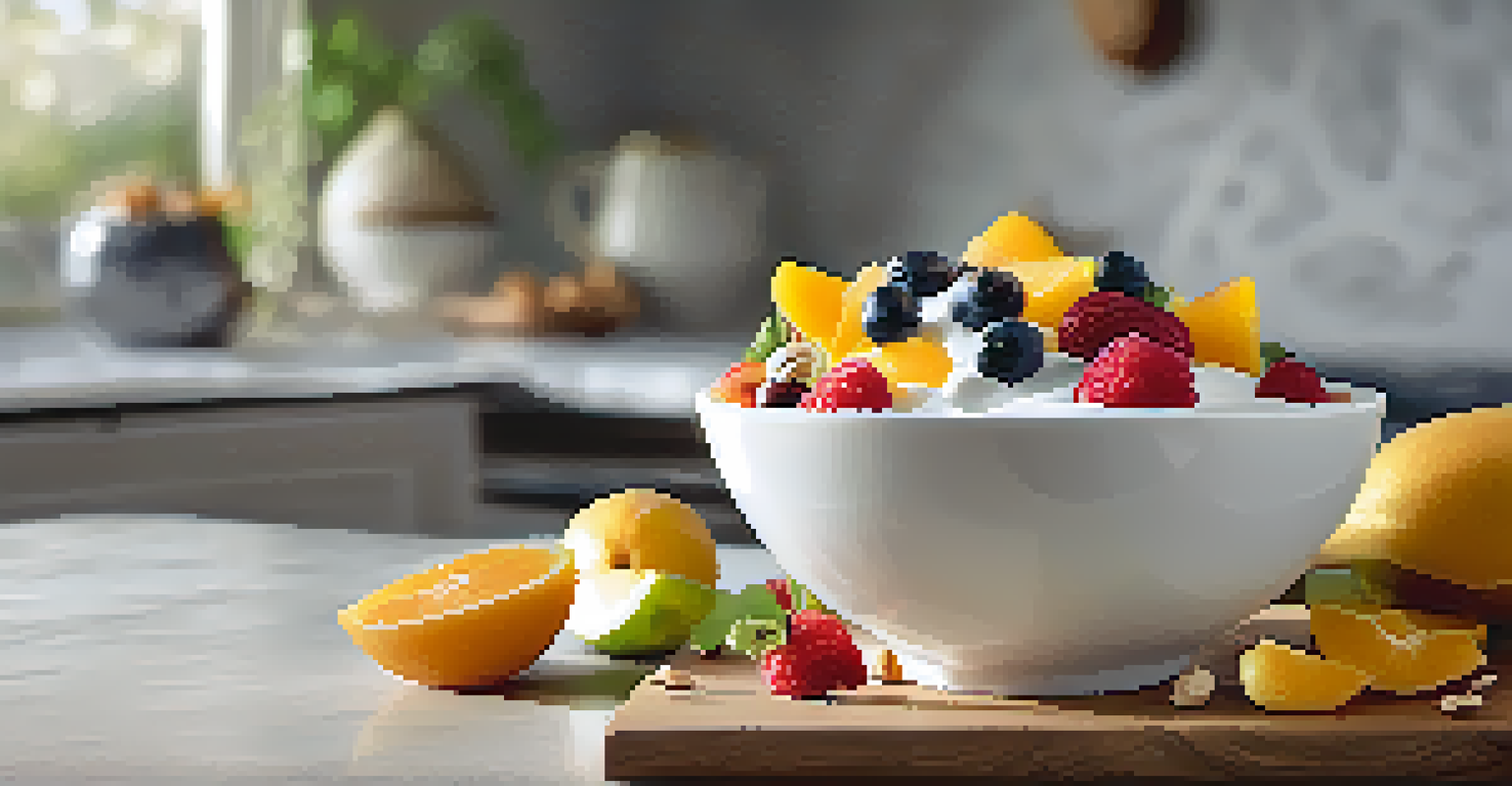 A bowl of yogurt topped with fruits, nuts, and honey on a bright kitchen countertop, with natural light highlighting the colors.