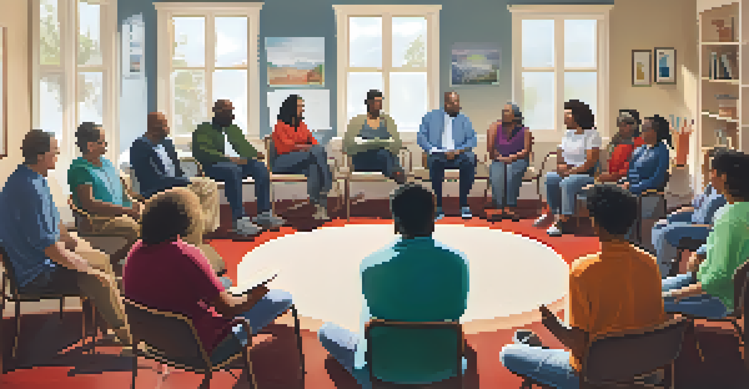 A diverse group of individuals sharing their experiences in a supportive community setting.