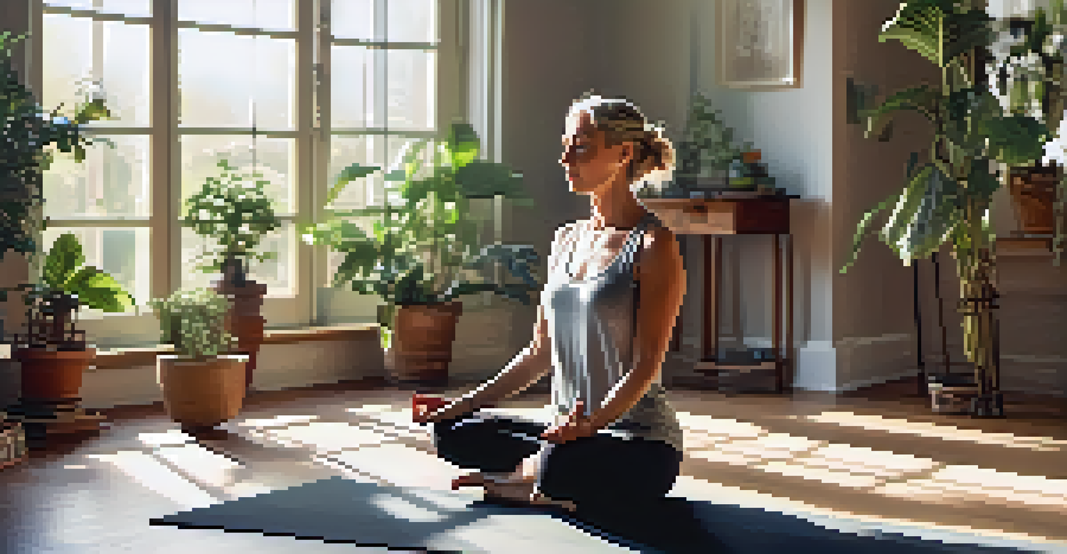A middle-aged woman meditating on a yoga mat in a serene indoor setting, with sunlight and plants around her, promoting a sense of calm.
