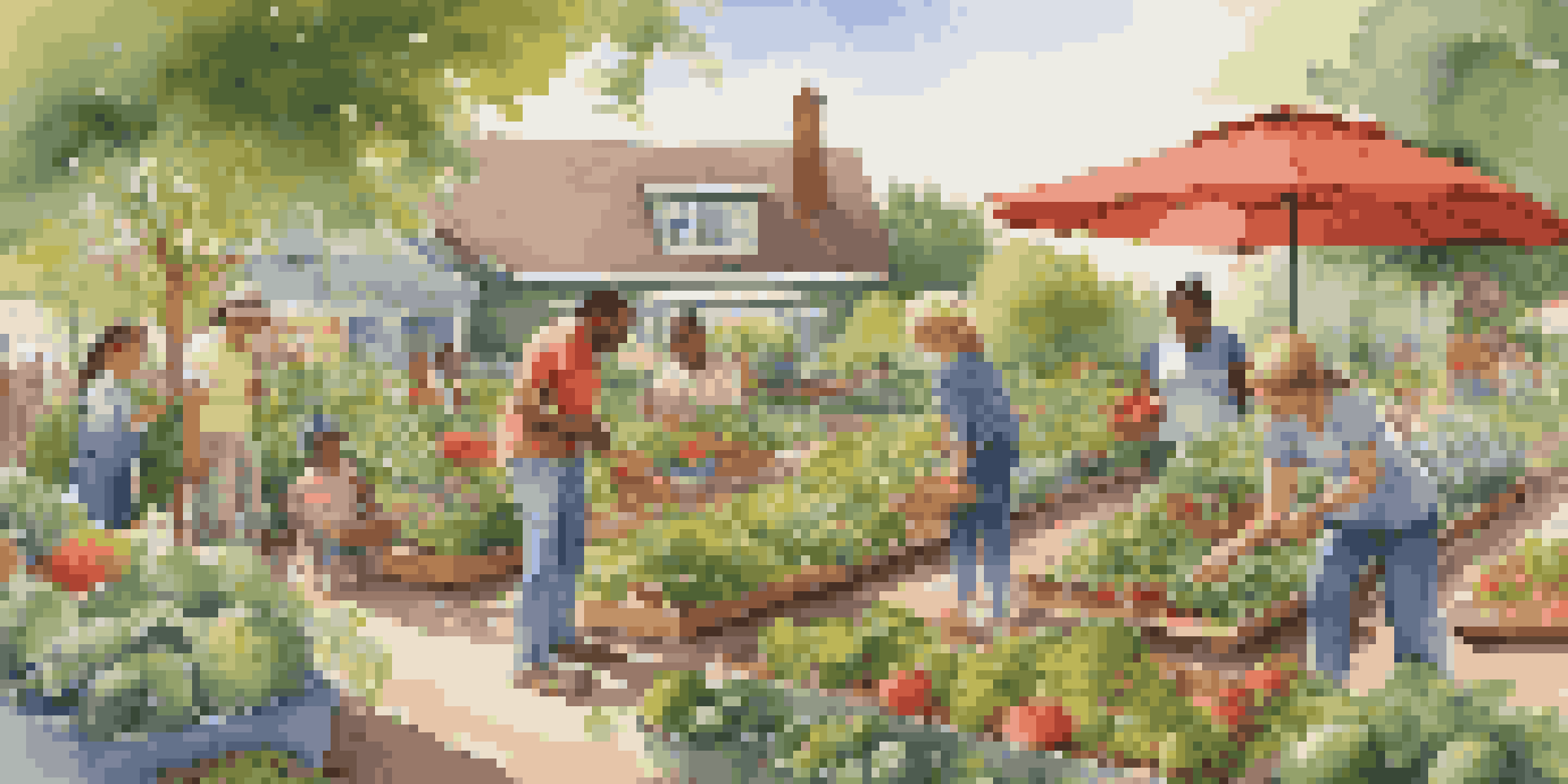A lively community garden where families are planting and harvesting fruits and vegetables, with children playing in the background and sunlight shining through the foliage.