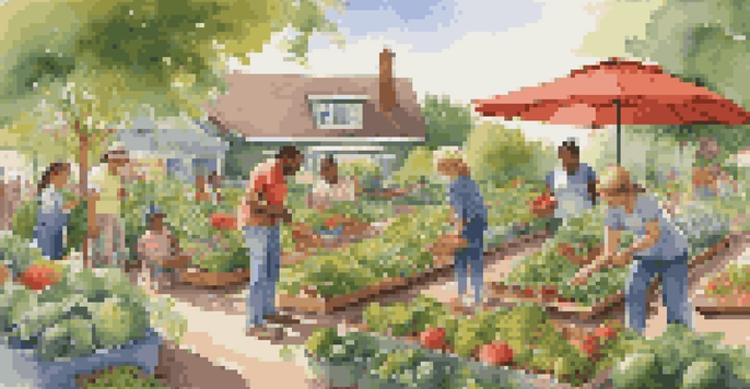 A lively community garden where families are planting and harvesting fruits and vegetables, with children playing in the background and sunlight shining through the foliage.