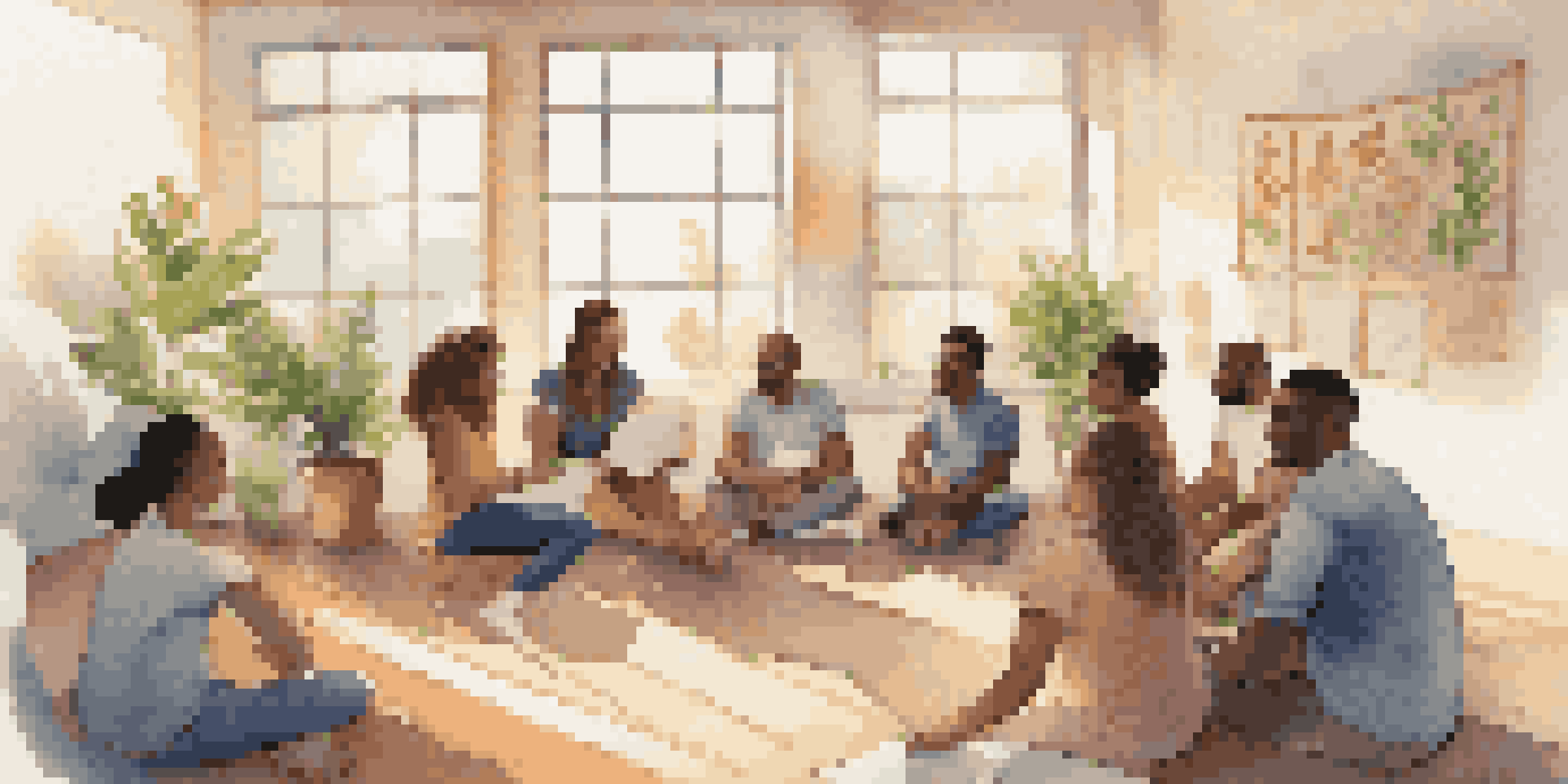 A diverse group of individuals in a circle during a coaching session, surrounded by plants and motivational quotes, engaging in discussion.