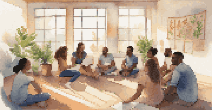 A diverse group of individuals in a circle during a coaching session, surrounded by plants and motivational quotes, engaging in discussion.