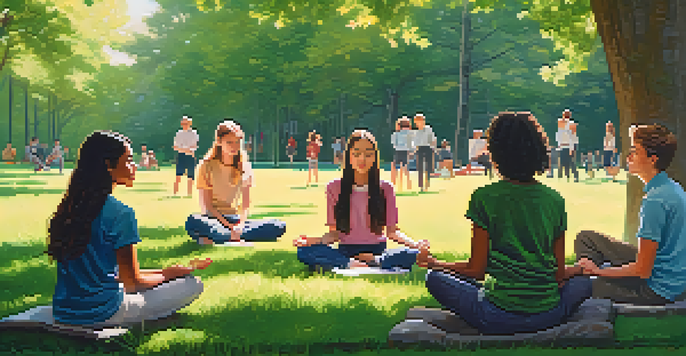 A group of students practicing mindfulness outdoors in a peaceful school setting, surrounded by nature and soft sunlight.