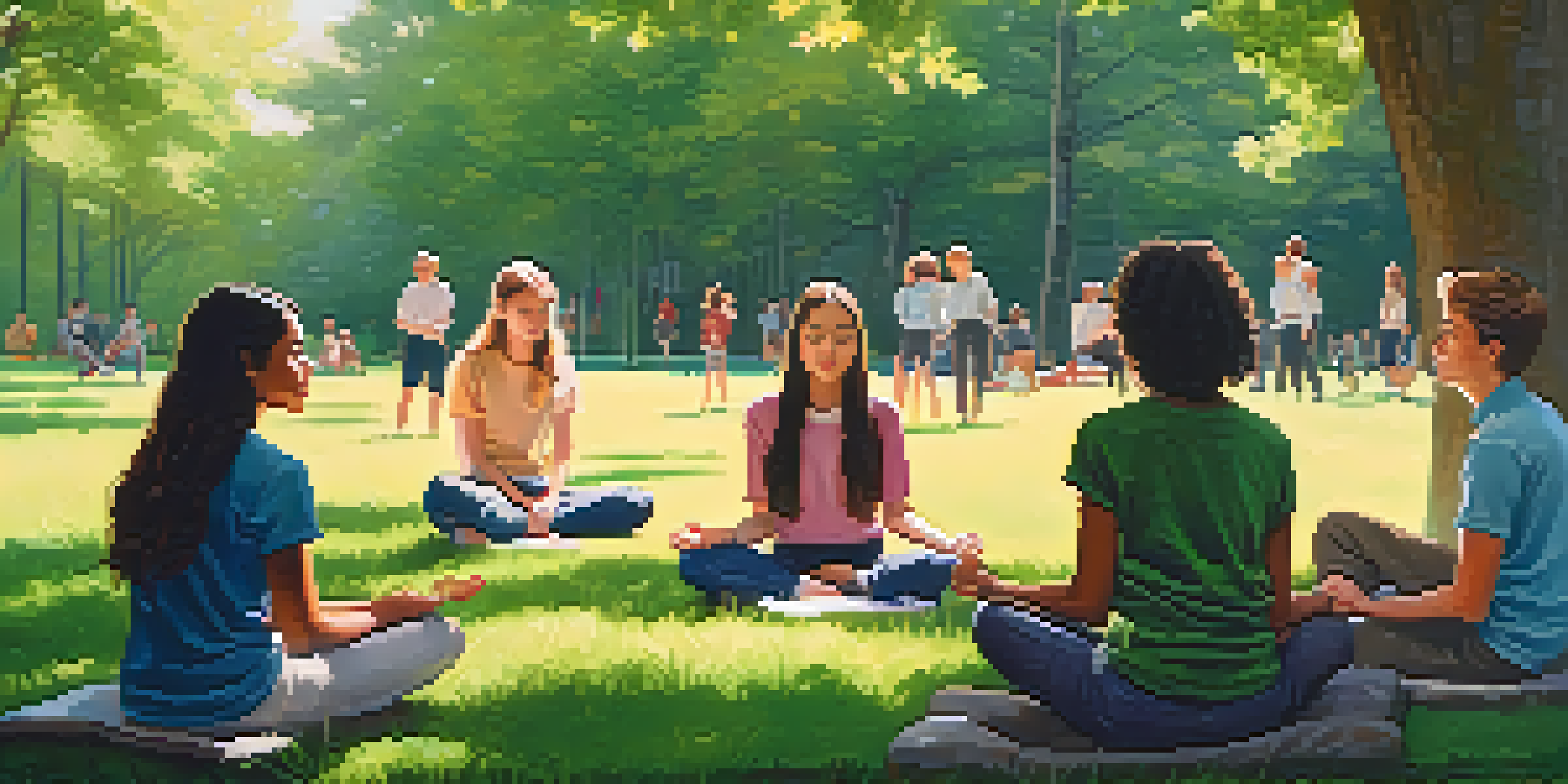 A group of students practicing mindfulness outdoors in a peaceful school setting, surrounded by nature and soft sunlight.