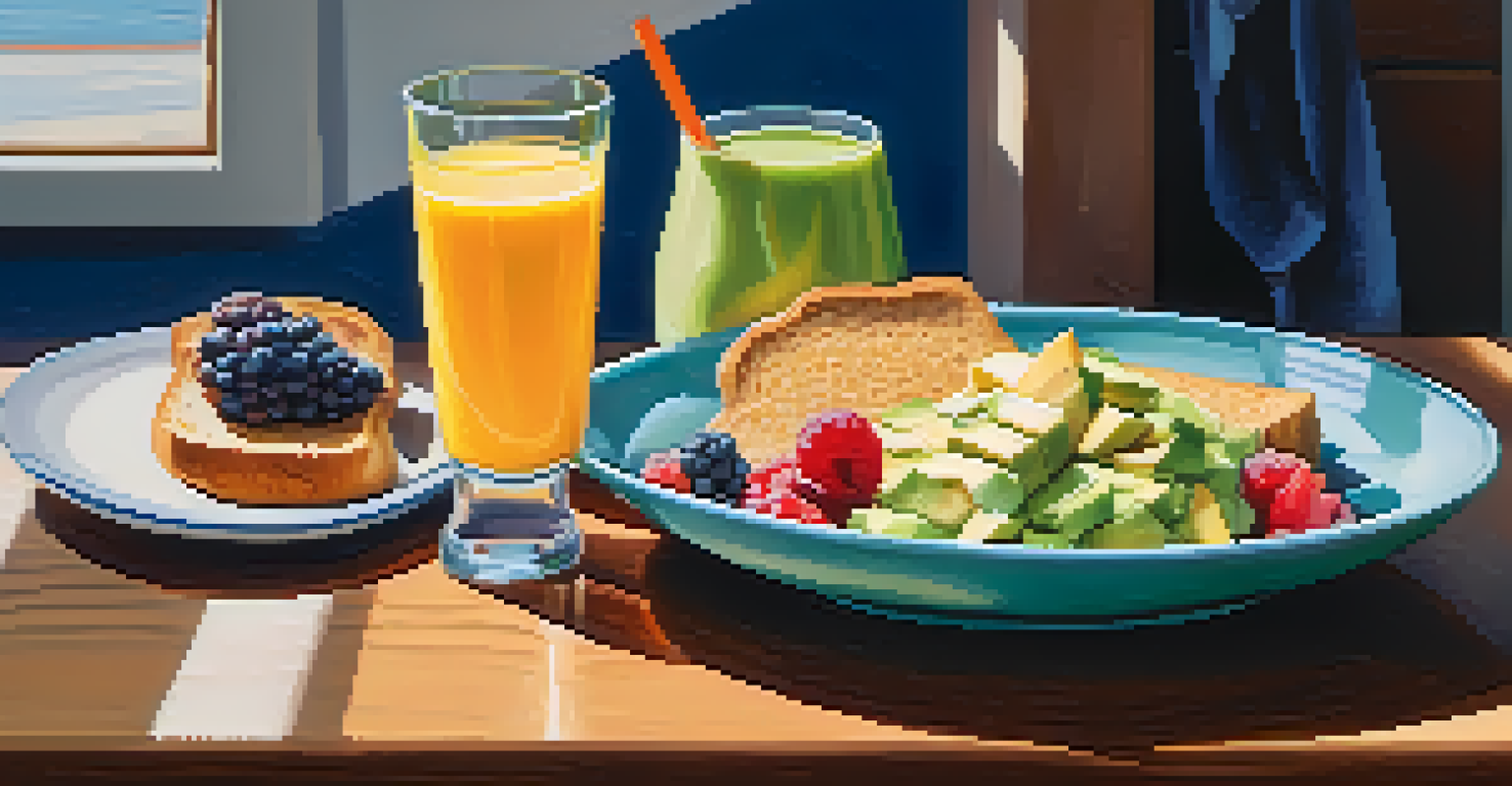 A nutritious post-workout meal with a protein shake, fruit bowl, and avocado toast on a wooden table.