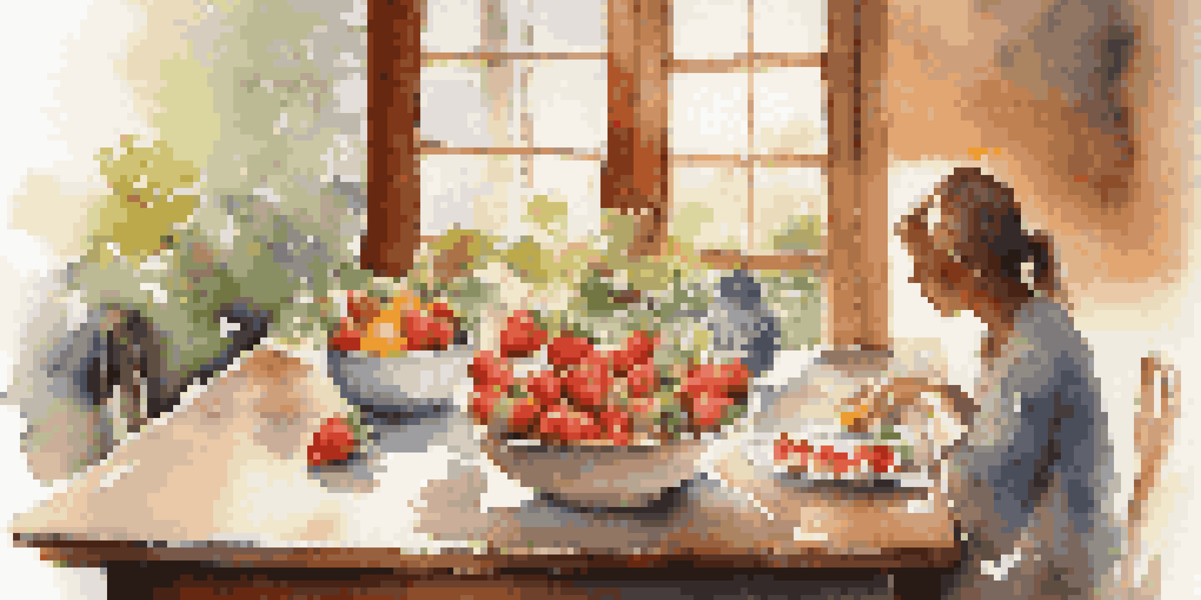 A peaceful dining scene with a rustic wooden table, colorful fresh fruits, and a person appreciating their meal in soft natural light.