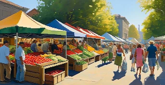 A lively farmers' market with various colorful fruits and vegetables displayed in wooden crates, under warm sunlight.