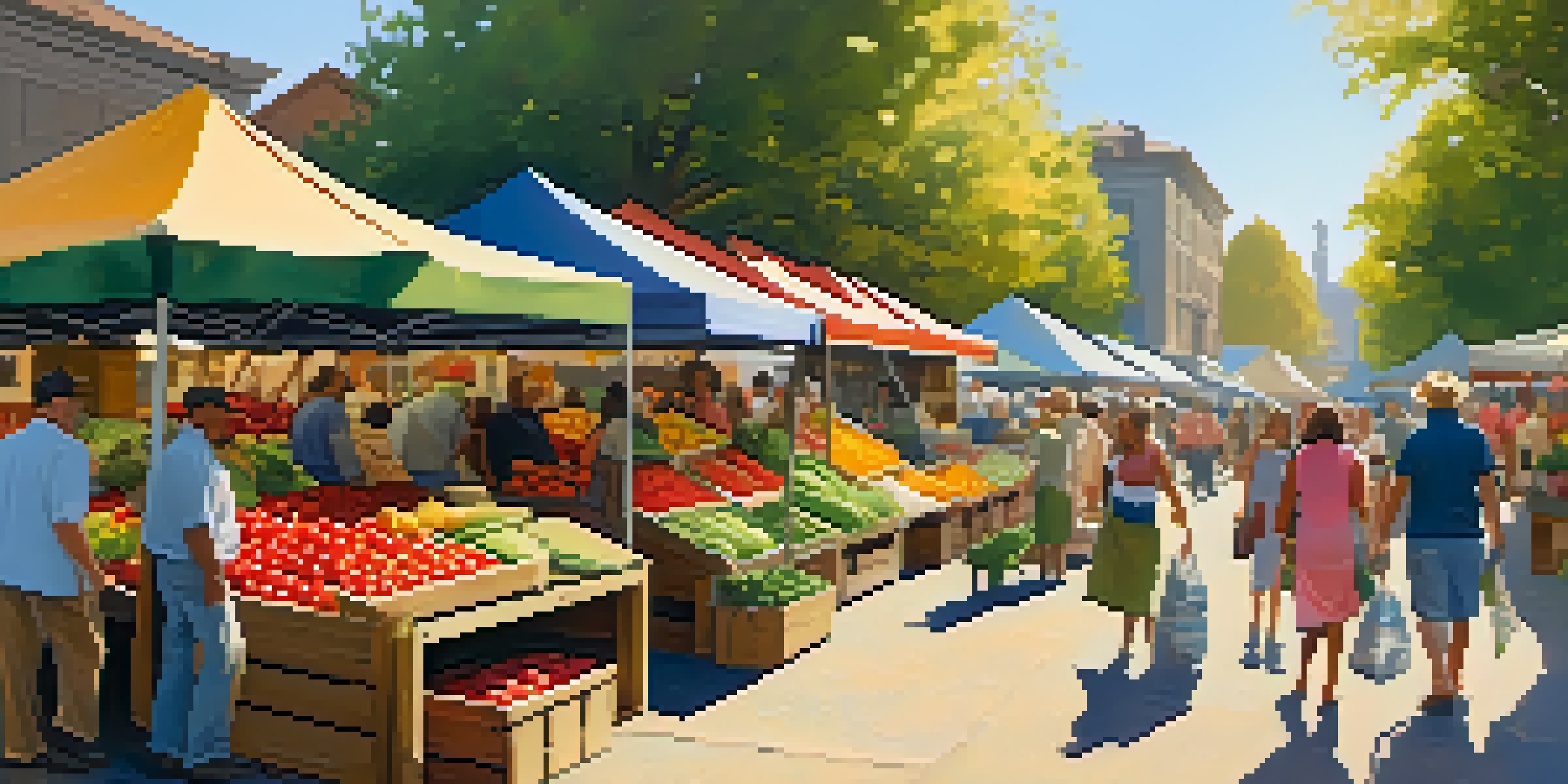 A lively farmers' market with various colorful fruits and vegetables displayed in wooden crates, under warm sunlight.