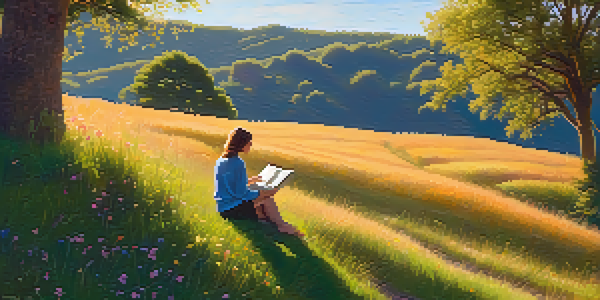 A person journaling on a grassy hill during sunset, surrounded by wildflowers and trees.