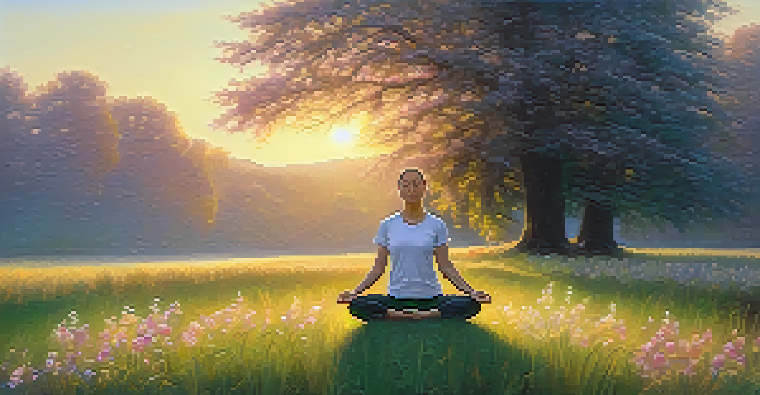 A person practicing yoga in a serene outdoor setting with blooming flowers and a sunrise in the background.