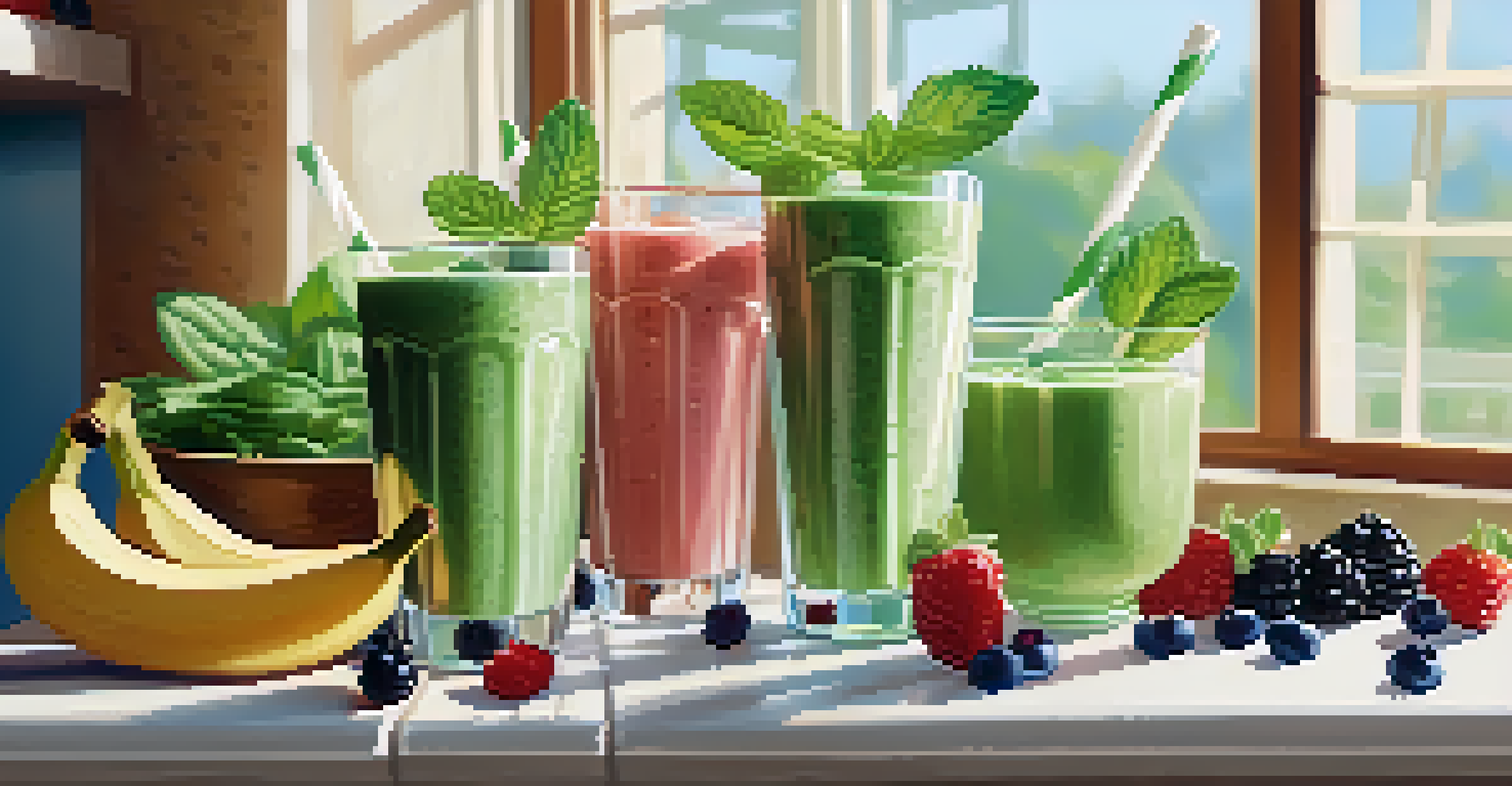 A glass of green smoothie topped with fresh berries and mint on a kitchen counter.