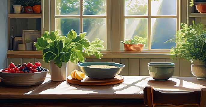 A cozy kitchen bathed in morning sunlight, showcasing a healthy breakfast including whole grains, leafy greens, and berries on a wooden table, surrounded by plants.