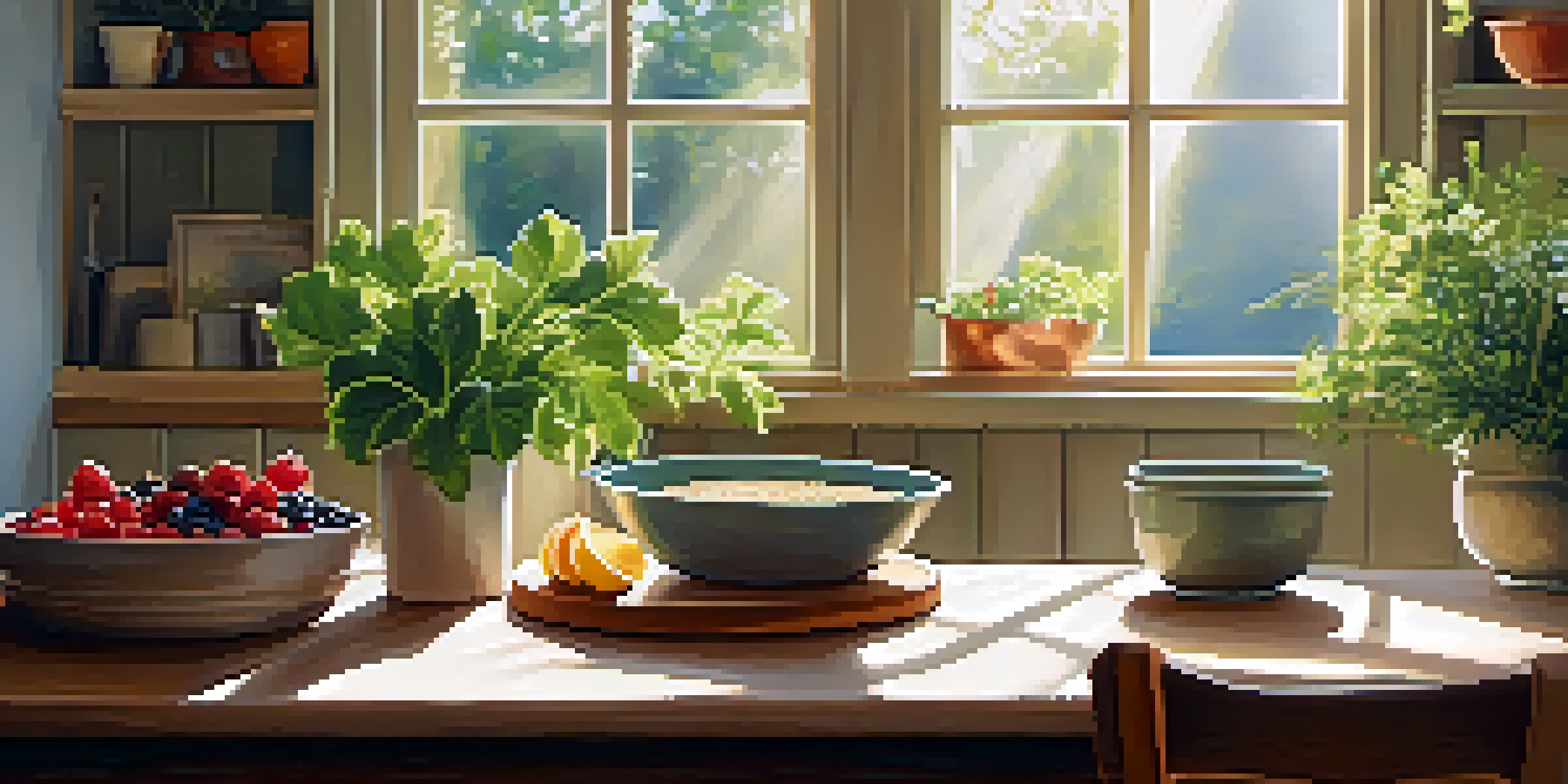 A cozy kitchen bathed in morning sunlight, showcasing a healthy breakfast including whole grains, leafy greens, and berries on a wooden table, surrounded by plants.