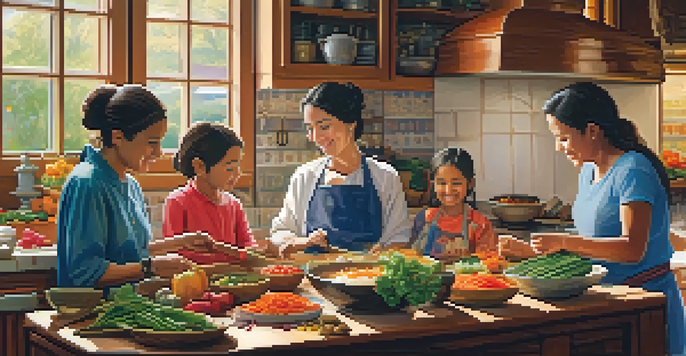 A diverse family happily cooking a traditional meal in a bright kitchen, showcasing colorful ingredients and a warm atmosphere.