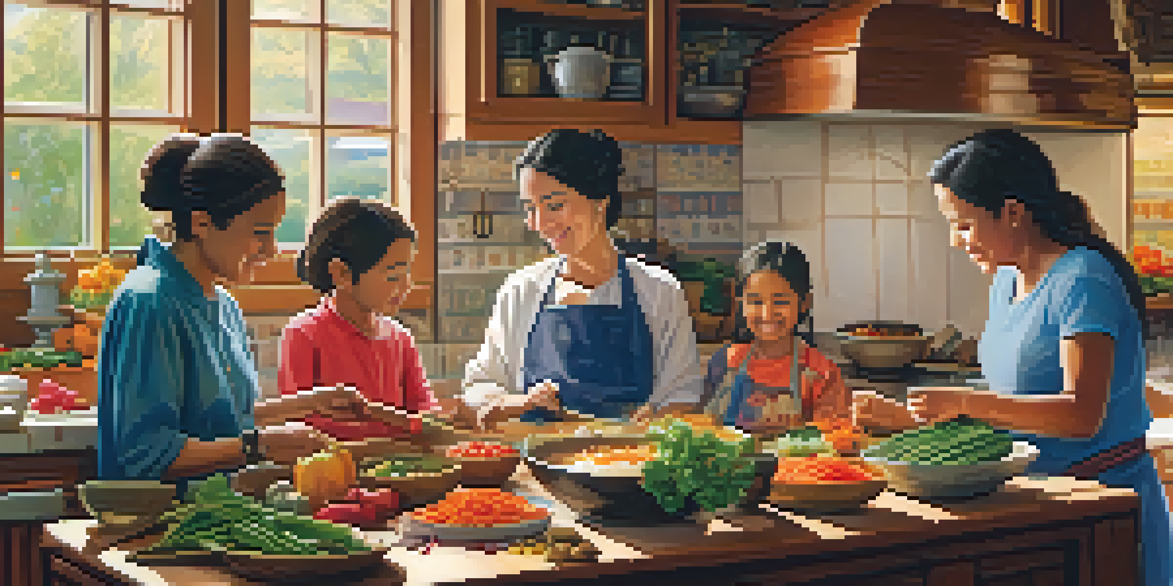 A diverse family happily cooking a traditional meal in a bright kitchen, showcasing colorful ingredients and a warm atmosphere.
