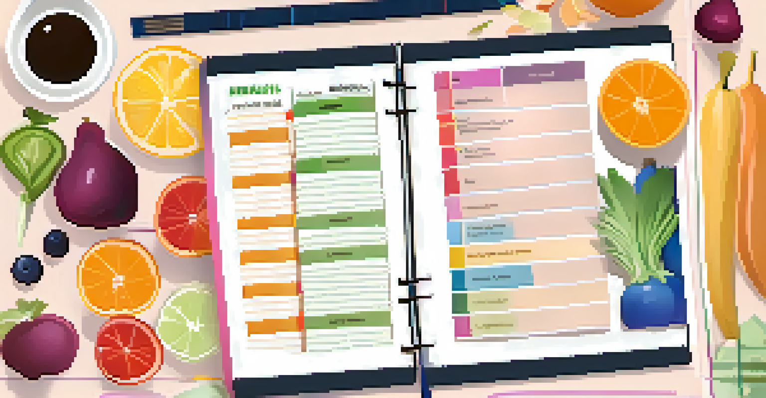 A close-up of a personal finance planner with healthy food options nearby.