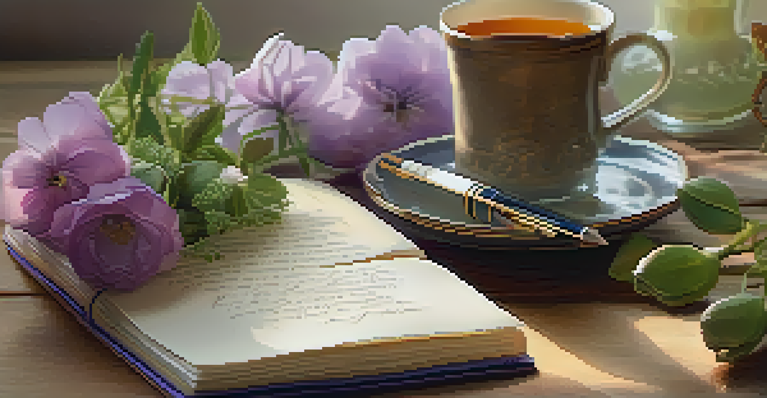 A gratitude journal with a pen and a cup of tea on a wooden table, surrounded by fresh flowers, creating a reflective and inviting atmosphere.