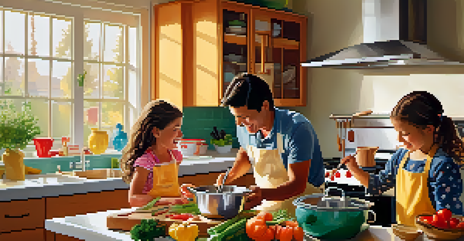 A family cooking together in a cozy kitchen, surrounded by colorful utensils and warm sunlight, showcasing the joy of preparing meals as a group.